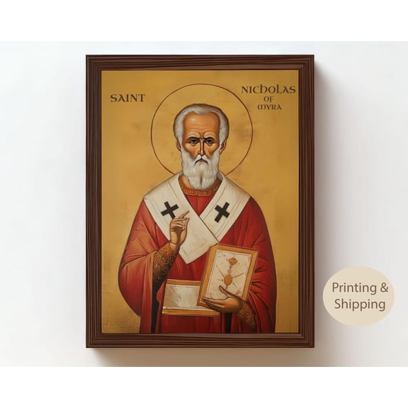 Saint Nicholas Of Myra Byzantine Icon Orthodox Christian Wall Art Religious Home Decor Unframed Paper Print