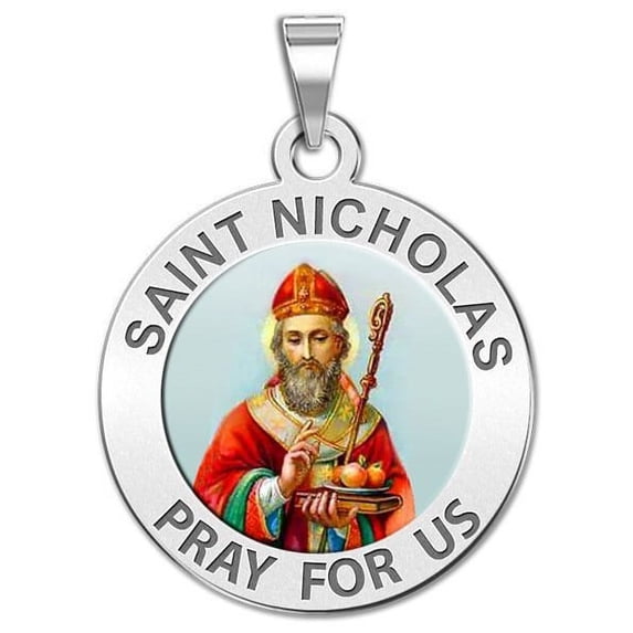 Saint Nicholas Religious Medal Color - 2/3 Inch Size of Dime, Sterling Silver