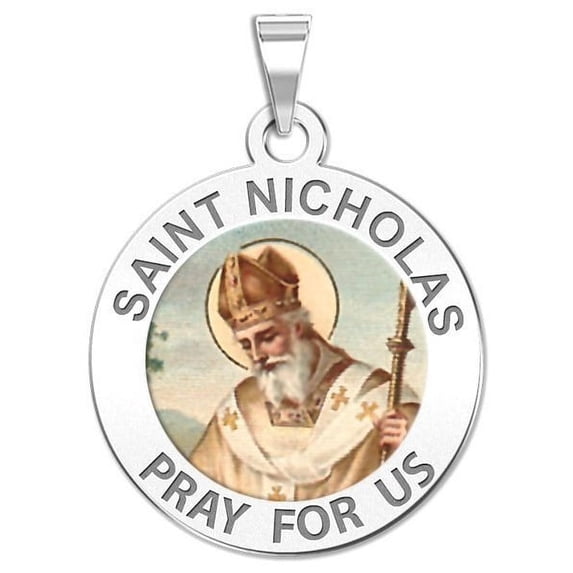 Saint Nicholas Religious Medal Color - 3/4 Inch Size of a Nickel -Solid 14K White Gold