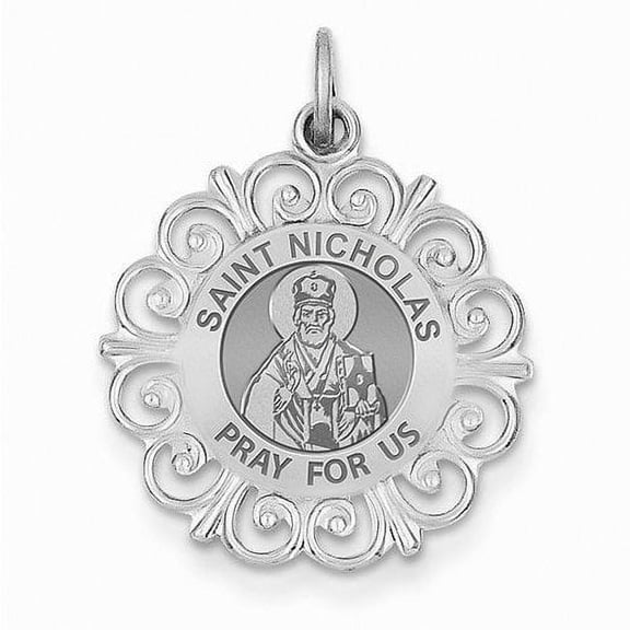 Saint Nicholas Round Filigree Religious Medal - 1 Inch Size of a Quarter in Sterling Silver