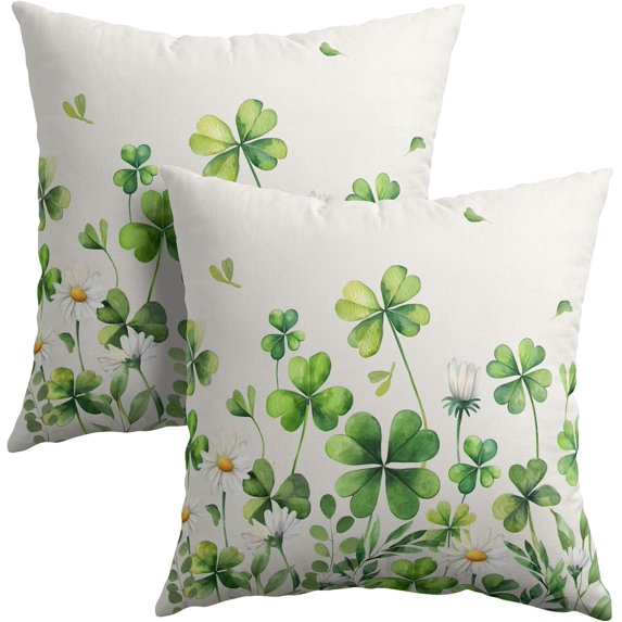 Saint Patrick Day Throw Pillow Covers Lucky Clover Shamrocks Daisy Floral Pillowcase 16x16in Set of 2 Spring St. Patrick''s Day Holiday Decorative Cotton-Linen Square Cushion Cases for Home Couch Bed