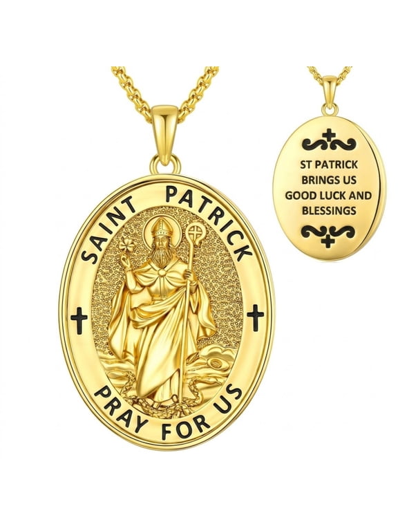 St. Patrick Necklace for Men Women, 14K Gold Plated Irish Catholic Medal, Good Luck Protection Jewelry Gift