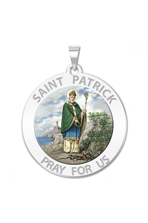 Saint Patrick Religious Medal Color - 1 inch Size of a Quarter in Solid 14K White Gold