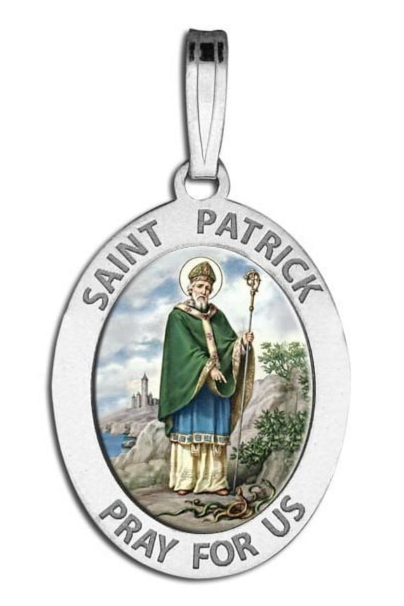 Saint Patrick Religious Medal OVAL Color - 1/2 X 2/3 Inch Size of Dime, Sterling Silver