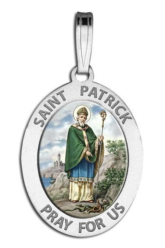 Saint Patrick Religious Medal OVAL Color - 2/3 X 3/4 inch Size of Nickel, Solid 14K White Gold