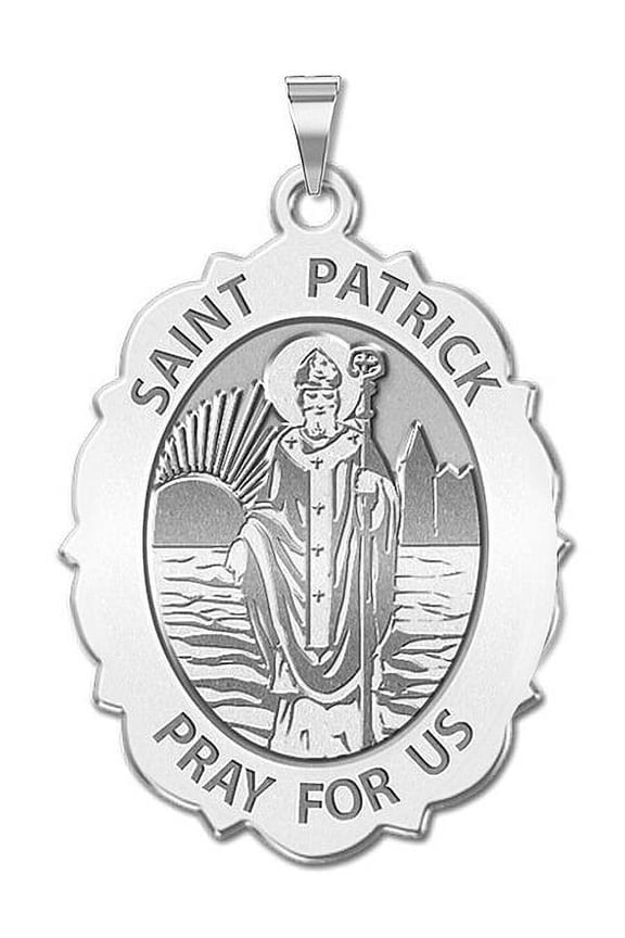 Saint Patrick Religious Medal Scalloped OVAL - 3/4 Inch X 1 Inch in Sterling Silver