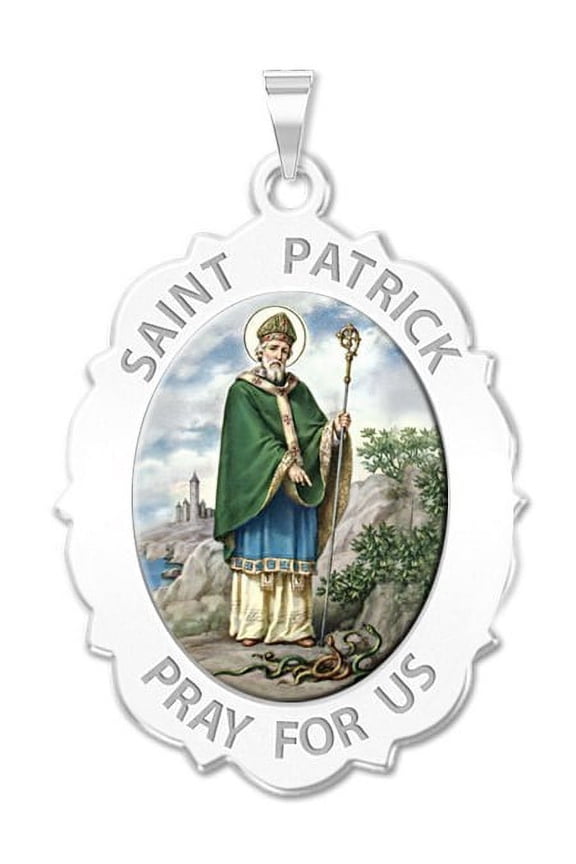 Saint Patrick Religious Medal Scalloped OVAL Color - 3/4 Inch X 1 Inch in Sterling Silver