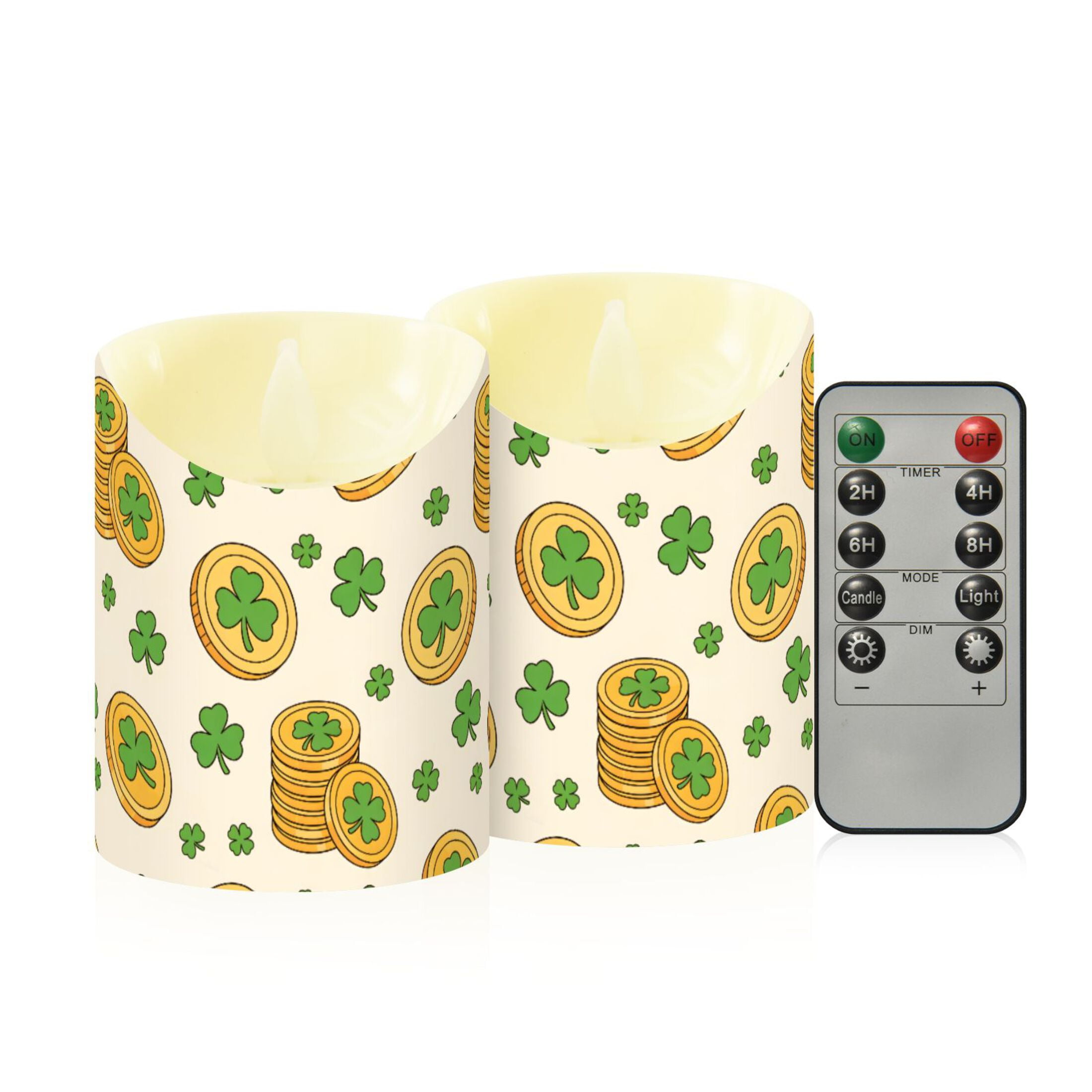 Saint Patrick's Clover Coin Flameless Candles 2 PCS with Remote Realistic Moving Flame LED Tapered Pillar Set for Home Decor