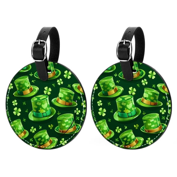 Saint Patrick's Day 2pcs PU Leather Round Bag Tags with Privacy Cover and Name ID Tag - Suitcase Tags for Travel Luggage, Handbags, Backpacks, School Bags