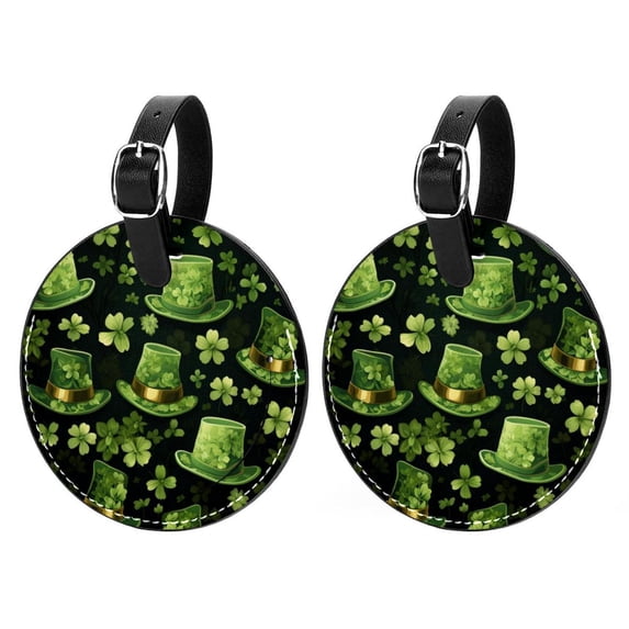 Saint Patrick's Day 2pcs PU Leather Round Bag Tags with Privacy Cover and Name ID Tag - Suitcase Tags for Travel Luggage, Handbags, Backpacks, School Bags