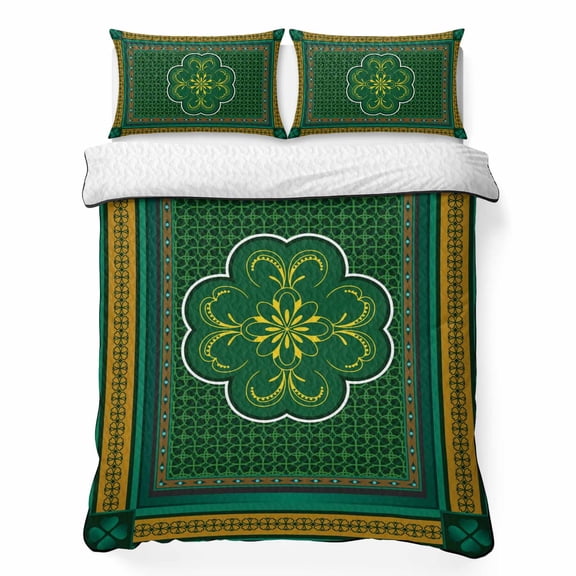 Saint Patrick's Day 3 Piece Quilt Bedding Set with 2 Pillow Shams, Vintage Celtic Knots Green Yellow Lucky Shamrocks Border Lightweight Bedspread Coverlet, Soft All Season Quilt, 96 x 106 Inch
