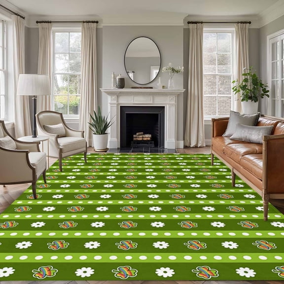 Saint Patrick's Day 5'x8' Area Rug for Living Room, Green Rainbow Lucky Clovers Striped Washable Non-Slip Rugs for Bedroom Nursery Dining Room, Low-Pile Kitchen Carpet Large Entryway Rugs