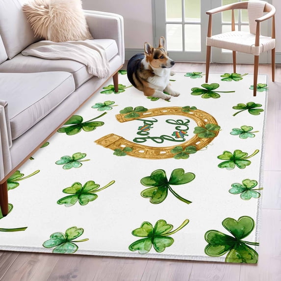 Saint Patrick's Day Area Rug 4'x6', Horseshoe Green Botanical Clovers Leaf Washable Non-Slip Rugs, Low Pile Large Carpet for Living Room Bedroom Dining Room Kitchen Office Indoor Mat