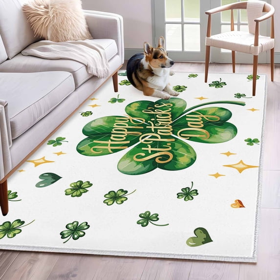 Saint Patrick's Day Area Rug 4'x6', Watercolor Shamrock Love Star Lucky Green Washable Non-Slip Rugs, Low Pile Large Carpet for Living Room Bedroom Dining Room Kitchen Office Indoor Mat