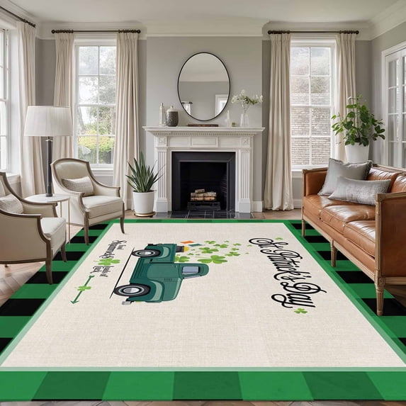 Saint Patrick's Day Area Rugs 5'x7', Small Throw Rugs for Laundry Room Playroom, Farmhouse Green Truck Leaves Checkered Indoor Outdoor Rug Non-Slip Low Pile Carpet Runner Reversible Floor Mats