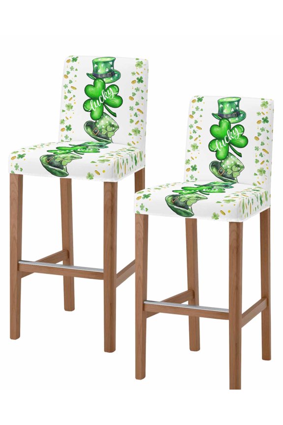 Saint Patrick's Day Bar Stool Covers Set of 2, Spring Green Clovers Hats Coin Love Stretch Washable Bar Chair Covers with Backs, Removable Pub Counter Height Chair Cover for Kitchen Dining Room Cafe