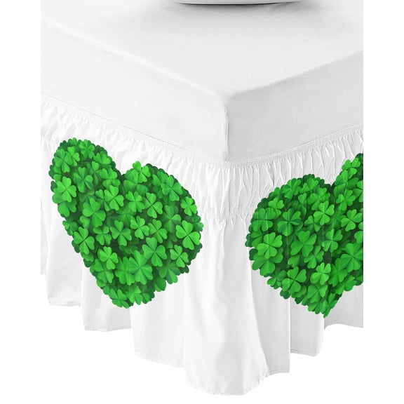 Saint Patrick's Day Bed Skirt Cal King 16 Inch Drop, Wrap Around Bed Skirts, Lucky Four-leaf Grass Love Heart Elastic Bedskirt Pleated Bed Frame Cover Luxurious Dust Ruffle for Cal King Bed
