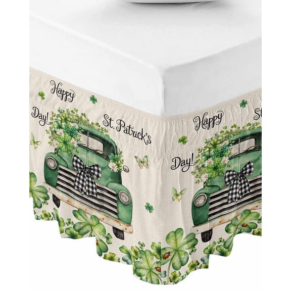 Saint Patrick's Day Bed Skirt King Size 18 Inch Drop, Wrap Around Bed Skirts, Green Truck Leaves Floral Farmhouse Elastic Bedskirt Pleated Bed Frame Cover Luxurious Dust Ruffle for King Bed