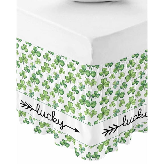 Saint Patrick's Day Bed Skirt Queen Size 18 Inch Drop, Wrap Around Bed Skirts, Spring Lucky Shamrocks Grass Elastic Bedskirt Pleated Bed Frame Cover Luxurious Dust Ruffle for Queen Bed