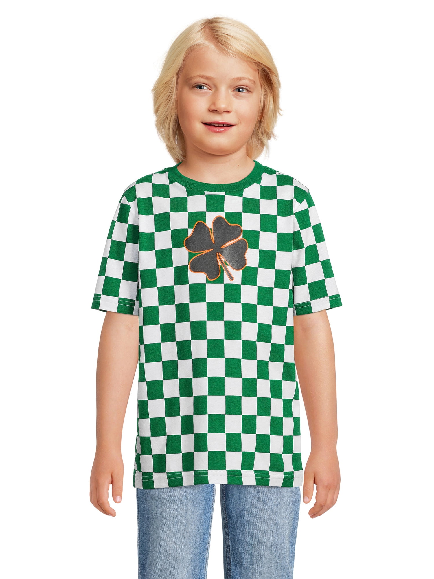 Saint Patrick’s Day Boys Big Shamrock Check T-Shirt, Sizes 4-18 & Husky