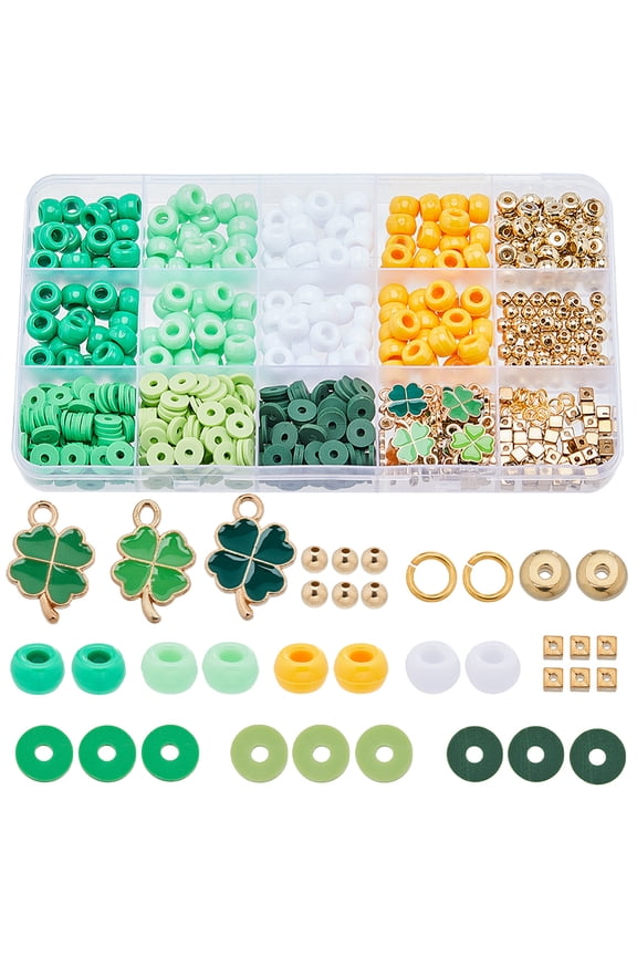 Saint Patrick's Day Bracelet Making Kit Including Barrel & Round & Cube Plastic & Polymer Clay Disc Beads Clover Alloy Pendants 693Pcs/box DIY