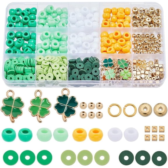 Saint Patrick's Day Bracelet Making Kit Including Barrel & Round & Cube Plastic & Polymer Clay Disc Beads Clover Alloy Pendants Mixed Color 693Pcs/box