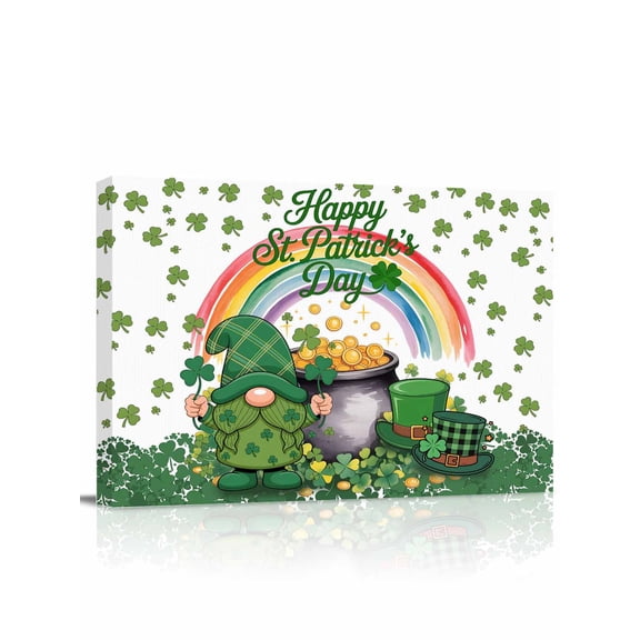 Saint Patrick's Day Canvas Print Wall Art Green Hat Gnome Coin Jar Shamrocks Rainbow Pictures Painting Morden Artwork for Living Room Bedroom, Ready to Hang - 12"x16"