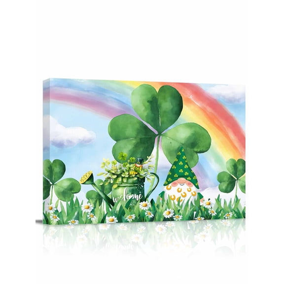 Saint Patrick's Day Canvas Print Wall Art Spring Shamrock Gnome Kettle Rainbow Blue Sky Pictures Painting Morden Artwork for Living Room Bedroom, Ready to Hang - 12"x16"