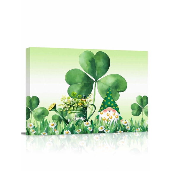 Saint Patrick's Day Canvas Print Wall Art Spring Shamrock Gnome Kettle Rainbow Green Pictures Painting Morden Artwork for Living Room Bedroom, Ready to Hang - 12"x16"