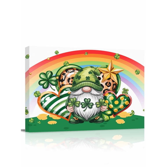 Saint Patrick's Day Canvas Print Wall Art Watercolor Gnome Shamrocks Love Rainbow Pictures Painting Morden Artwork for Living Room Bedroom, Ready to Hang - 12"x16"