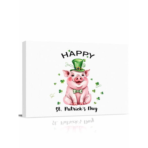 Saint Patrick's Day Canvas Print Wall Art Watercolor Green Hat Bow Tie Pig Green Lucky Shamrocks Pictures Painting Morden Artwork for Living Room Bedroom, Ready to Hang - 12"x16"
