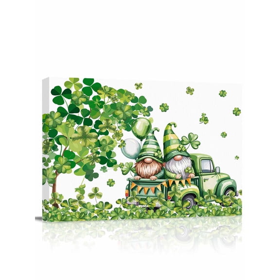 Saint Patrick's Day Canvas Print Wall Art Watercolor Truck Gnome Shamrocks Balloon Pictures Painting Morden Artwork for Living Room Bedroom, Ready to Hang - 12"x16"