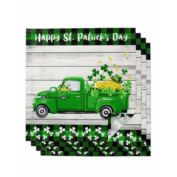 Saint Patrick's Day Cloth Napkins Set of 4 Reusable Dinner Napkins, Spring Green Grass Truck Gray Wood Plaid Cocktail Napkin Washable Table Napkins for Wedding/Holiday Party/Baby Shower 20"x20"