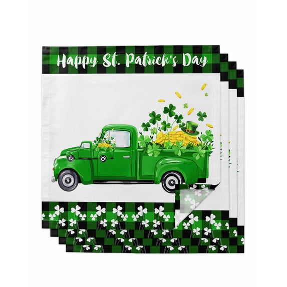 Saint Patrick's Day Cloth Napkins Set of 4 Reusable Dinner Napkins, Spring Green Lucky Three Grass Truck Cocktail Napkin Washable Table Napkins for Wedding/Holiday Party/Baby Shower 20"x20"