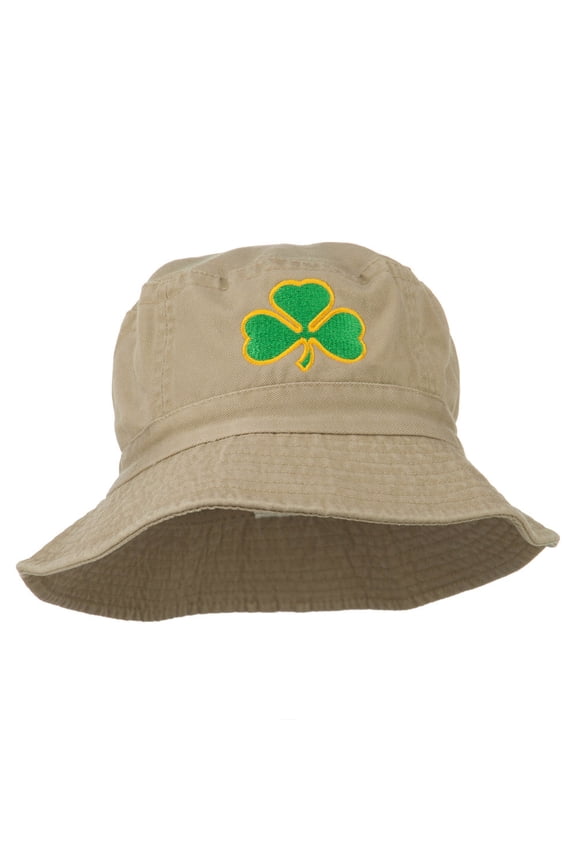 Saint Patrick's Day Clover Embroidered Bucket Hat - Khaki OSFM