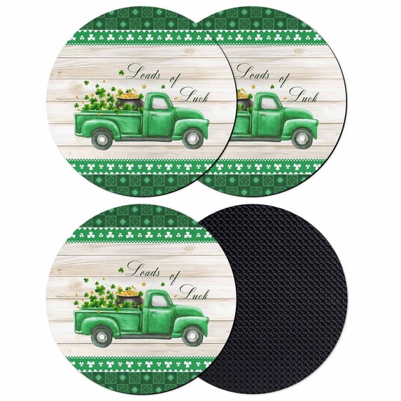Saint Patrick's Day Coasters Set of 4, Absorbent Coasters for Drinks, Luck Leaves Car Grey Wooden Plaid Coaster for Desk Coffee Table Protection, Home Decor House Warming Gifts 4"