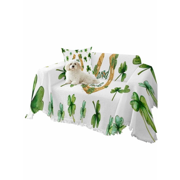 Saint Patrick's Day Couch Cover Good Luck Shamrock Gold Horse Hoodrail Sofa Slipcover with Tassel Washable Furniture Protector Living Room Soft Sofa Cover for Dog Cat Pets 71"x91"