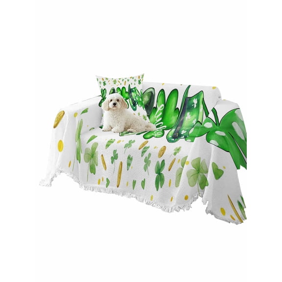 Saint Patrick's Day Couch Cover Lucky Green Shamrocks Hat Watercolor Sofa Slipcover with Tassel Washable Furniture Protector Living Room Soft Sofa Cover for Dog Cat Pets 71"x91"