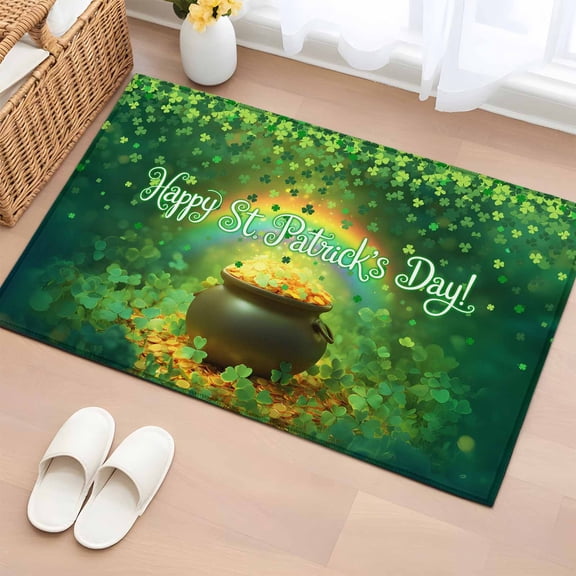 Saint Patrick's Day Entryway Rug 2'x3'&nbsp; Non Slip Front Door Mats, Rainbow Gold Coin Green Lucky Leaves Entrance Rugs Indoor Outdoor Carpet, Washable Floor Mats Small Area Rug for Bedroom Kitchen