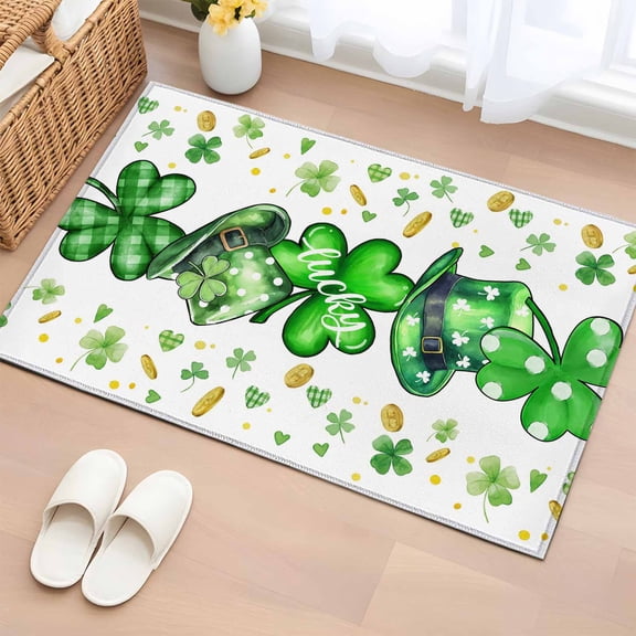 Saint Patrick's Day Entryway Rug 2'x3' Non Slip Front Door Mats, Spring Green Clovers Hats Coin Love Entrance Rugs Indoor Outdoor Carpet, Washable Floor Mats Small Area Rug for Bedroom Kitchen