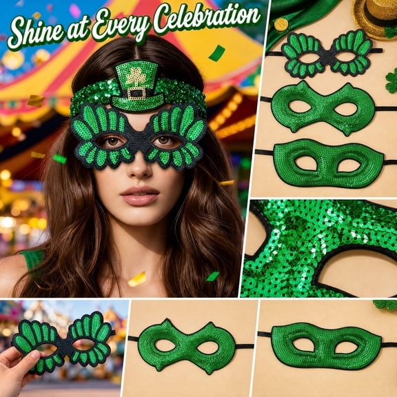 Saint Patrick's Day Glitter Mask for Men, Sparkly Four Leaf Clover Mask for Masquerade Ball, Unisex Parade Mask for Adult Party Favors