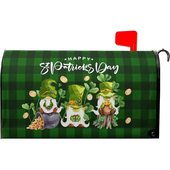 Saint Patrick''s Day Green Black Buffalo Grid Mailbox Covers Magnetic Standard Size 18" X 21",Green Gnome with Hat Shamrock Coin Mailbox Wraps Post Letter Box Cover for Holiday Garden Yard Decor