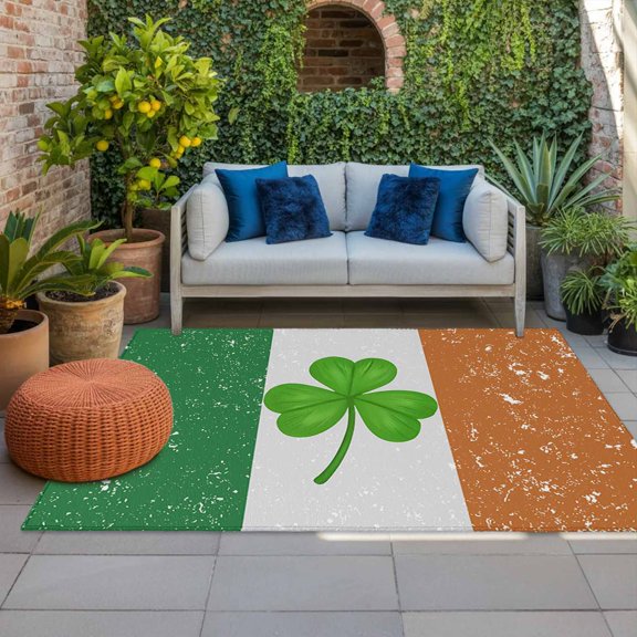 Saint Patrick's Day Indoor Outdoor Rugs 4x6 Ft, Mottled Green White Orange Flag Green Lucky Shamrocks Outdoor Patio Rugs Mat Washable Outside Area Rugs Carpet for Porch Deck RV Camping Pool Balcony