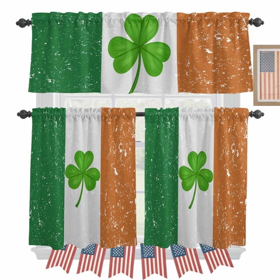 Saint Patrick's Day Kitchen Curtains Valances 3 Piece Set, Mottled Green White Orange Flag Green Lucky Shamrocks Rod Pocket Tier Curtain and Valance Drapes for Small Window 24 Inch Length for Bedroom