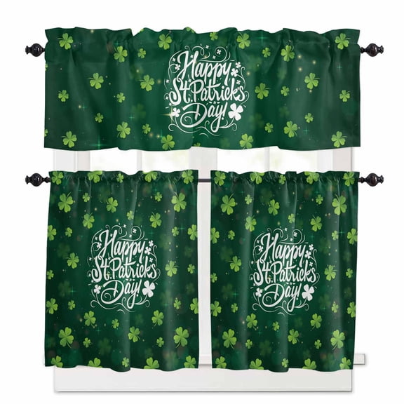 Saint Patrick's Day Kitchen Curtains Valances and Tiers Set of 3 Shiny Green Lucky Shamrocks Plant Green Tier Curtains and Valance Rod Pocket Valance Curtains Set for Small Windows 36 Inch Length