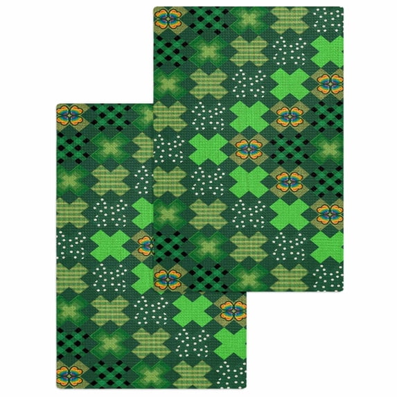 Saint Patrick's Day Kitchen Dish Towels for Drying Dishes Set of 2, Country Green Plaid Shamrock Clovers Waffle Weave Microfiber Hand Tea Bathroom Towels Quick Dry & Absorbent Towel 15.7x23.6