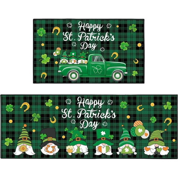 Saint Patrick''s Day Kitchen Mats Set of 2 St. Patrick''s Day Kitchen Rugs Irish Shamrock St Patrick Gnomes Pattern Kitchen Mats Sets Lucky Green Shamrocks Floor Mat for Kitchen Sink Standing Desk
