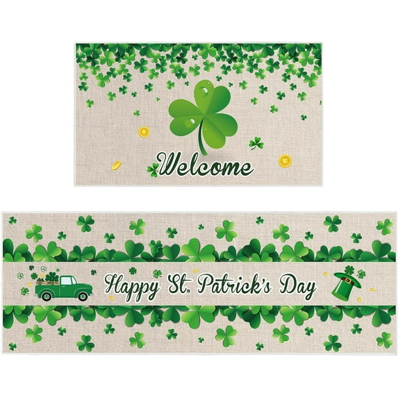 Saint Patrick''s Day Kitchen Mats Set of 2 St. Patrick''s Day Kitchen Rugs Irish Shamrock St Patrick Theme Pattern Kitchen Mats Sets Lucky Green Shamrocks Floor Mat for Kitchen Standing Desk (Clover)