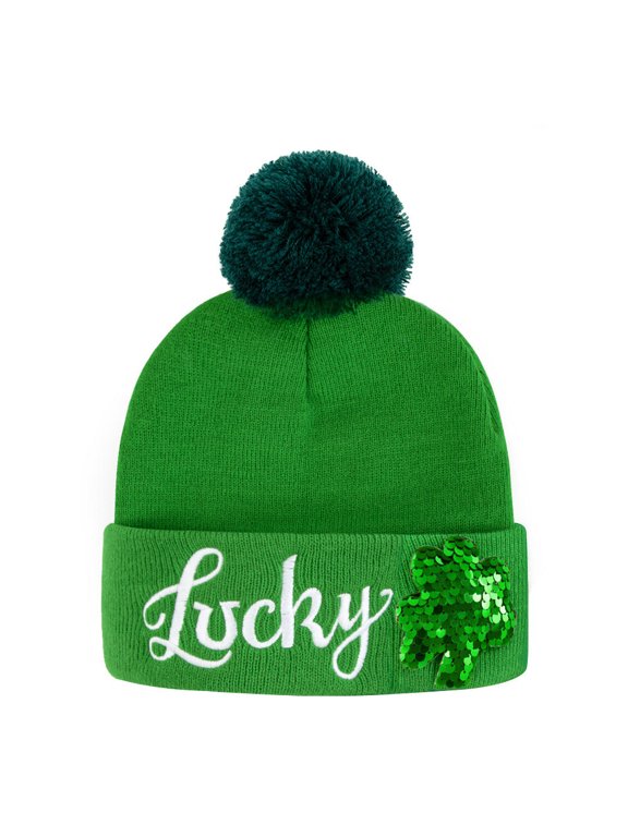 Saint Patrick's Day Knitted Hat Clover Embroidered Hat Green Theme Party Dress Up Warm Knitted Hat