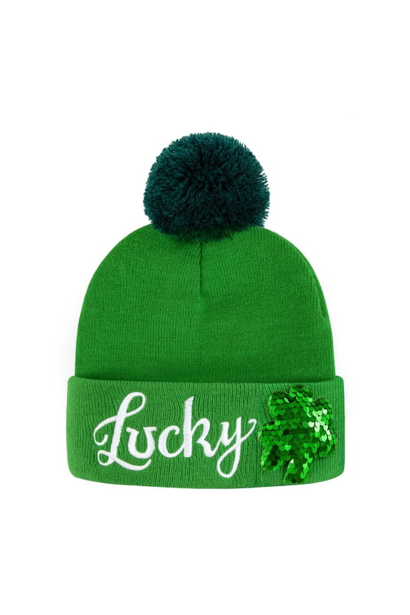 Saint Patrick's Day Knitted Hat Clover Embroidered Hat Green Theme Party Dress Up Warm Knitted Hat